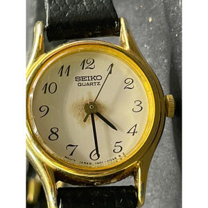 Vintage Seiko Watch Women 18mm Gold Tone Round 1N00-0048 Black Leather Band